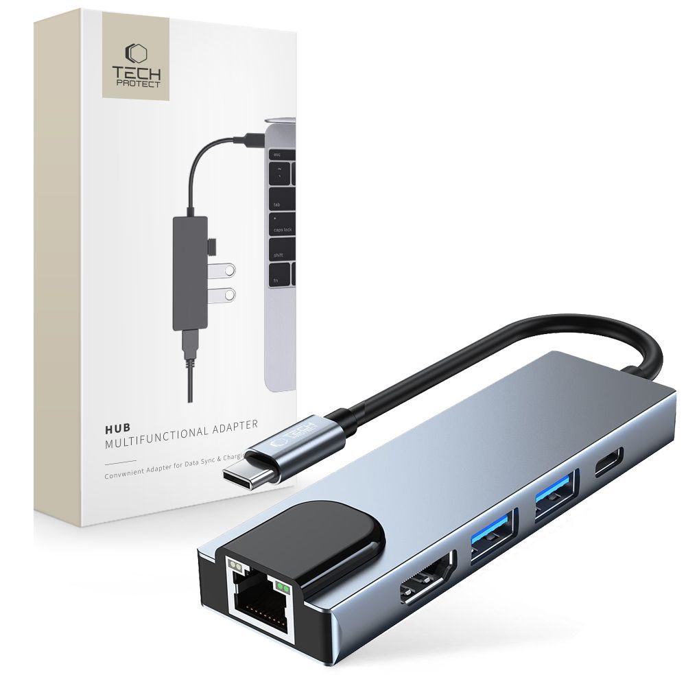 Centrmezgls Tech-Protect V3 5in1 USB-C - USB-A 3.0 / USB-A 2.0 / USB-C / HDMI / RJ45 - pelēks