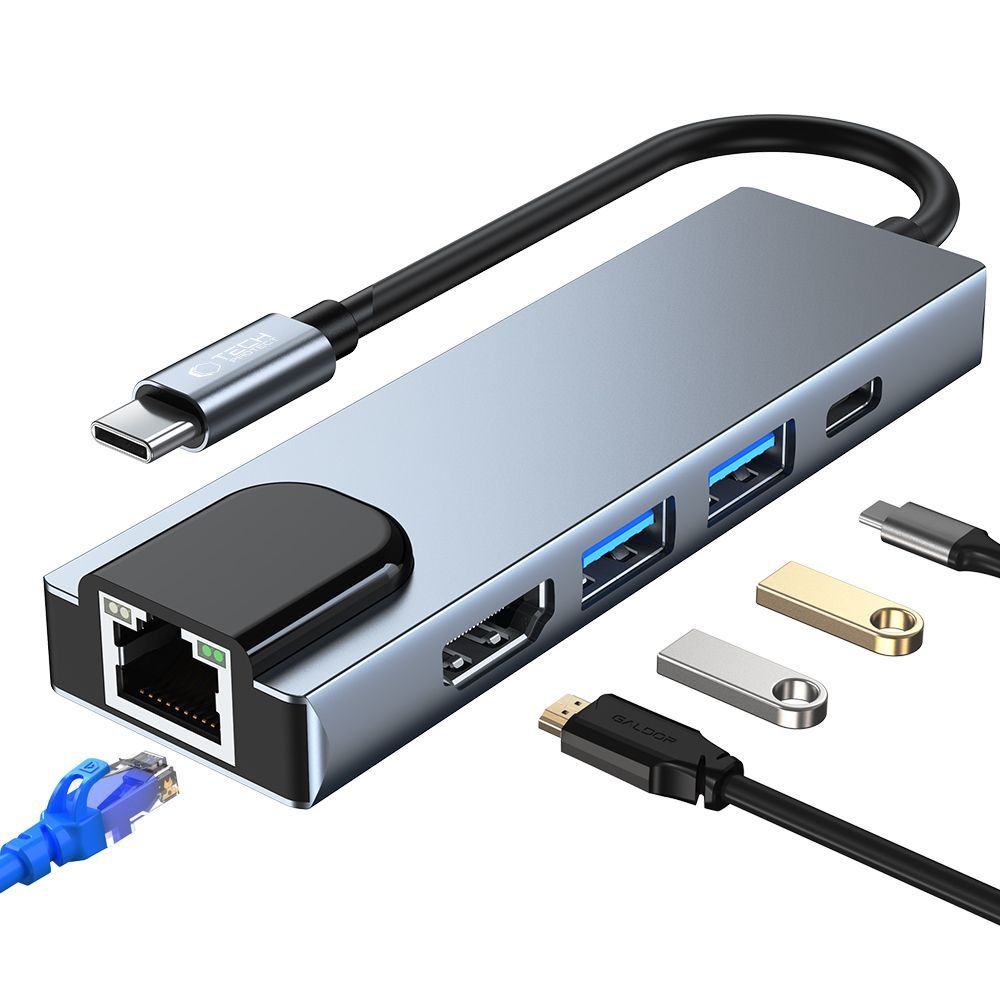 Centrmezgls Tech-Protect V3 5in1 USB-C - USB-A 3.0 / USB-A 2.0 / USB-C / HDMI / RJ45 - pelēks
