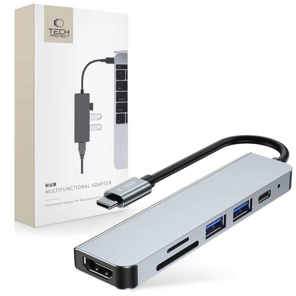 Centrmezgls Tech-Protect V4 6in1 USB-C - USB-A 3.0 / USB-A 2.0 / USB-C / HDMI / micro SD / TF / SD karšu lasītājs - pelēks