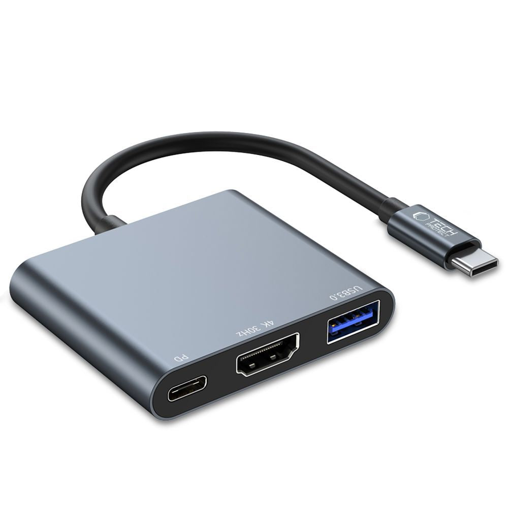 Centrmezgls Tech-Protect V1 3in1 USB-C - USB-A 3.0 / USB-C PD 100W / HDMI 4K 30Hz - pelēks