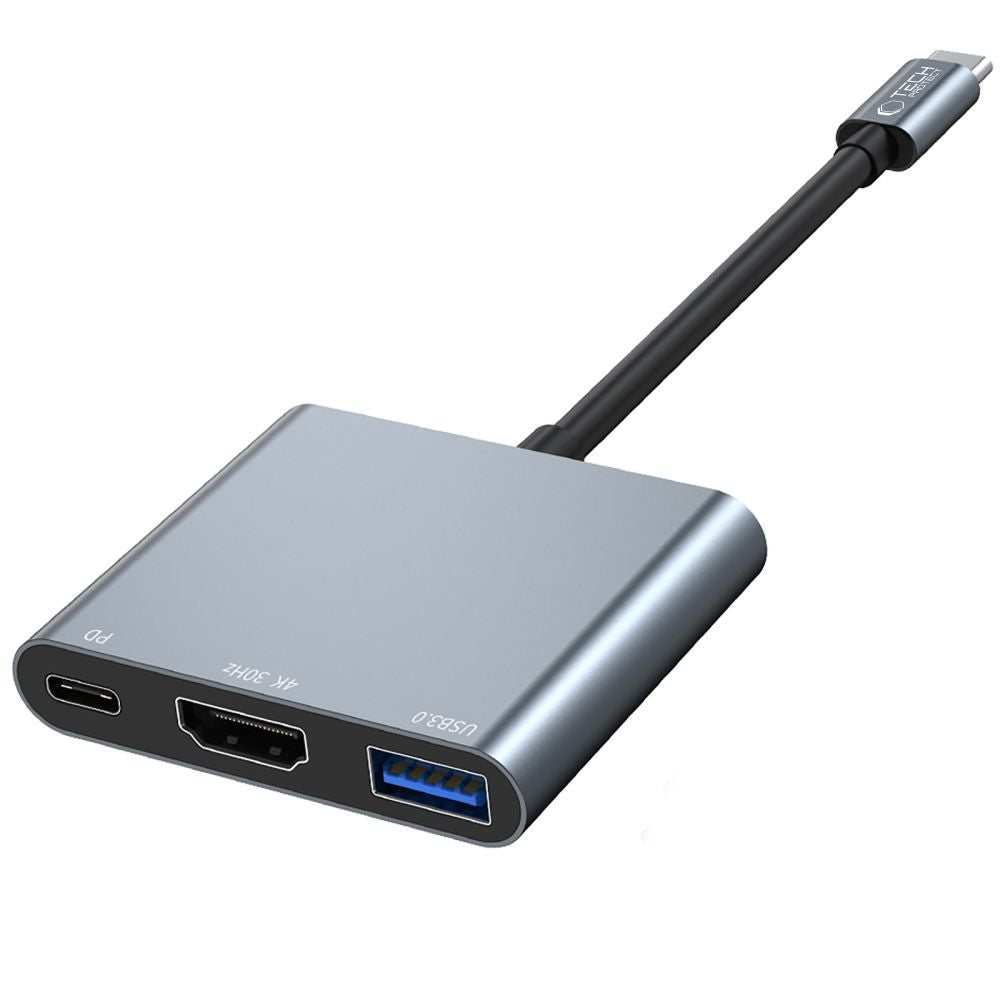 Centrmezgls Tech-Protect V1 3in1 USB-C - USB-A 3.0 / USB-C PD 100W / HDMI 4K 30Hz - pelēks