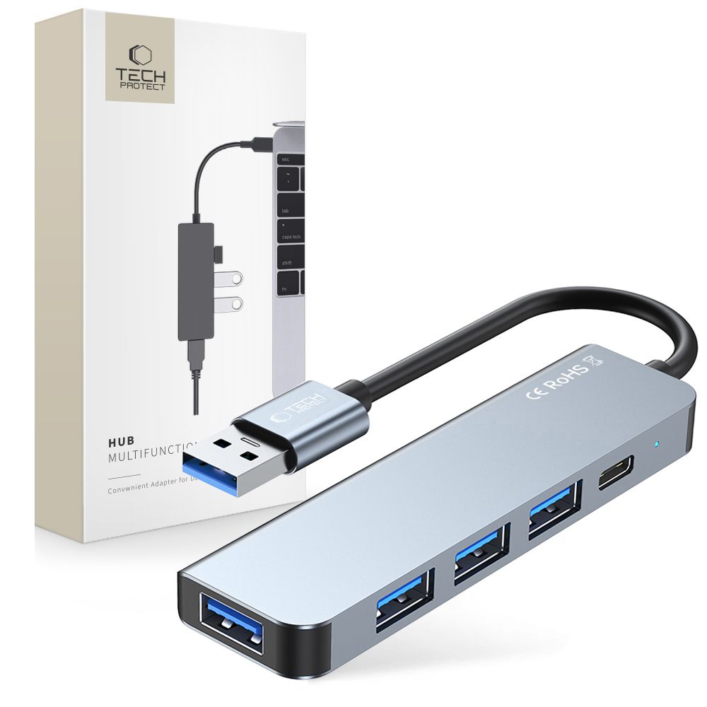 Centrmezgls Tech-Protect V0 5in1 USB-A - USB-A 3.0 / 3x USB-A 2.0 / USB-C - pelēks