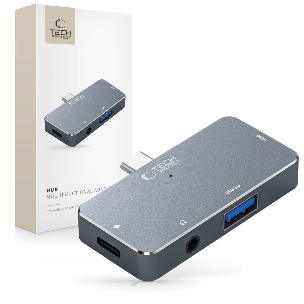 Centrmezgls Tech-Protect V6 4in1 USB-C - USB-A 3.0 / USB-C PD100W / HDMI / mini ligzda 3.5mm - pelēks