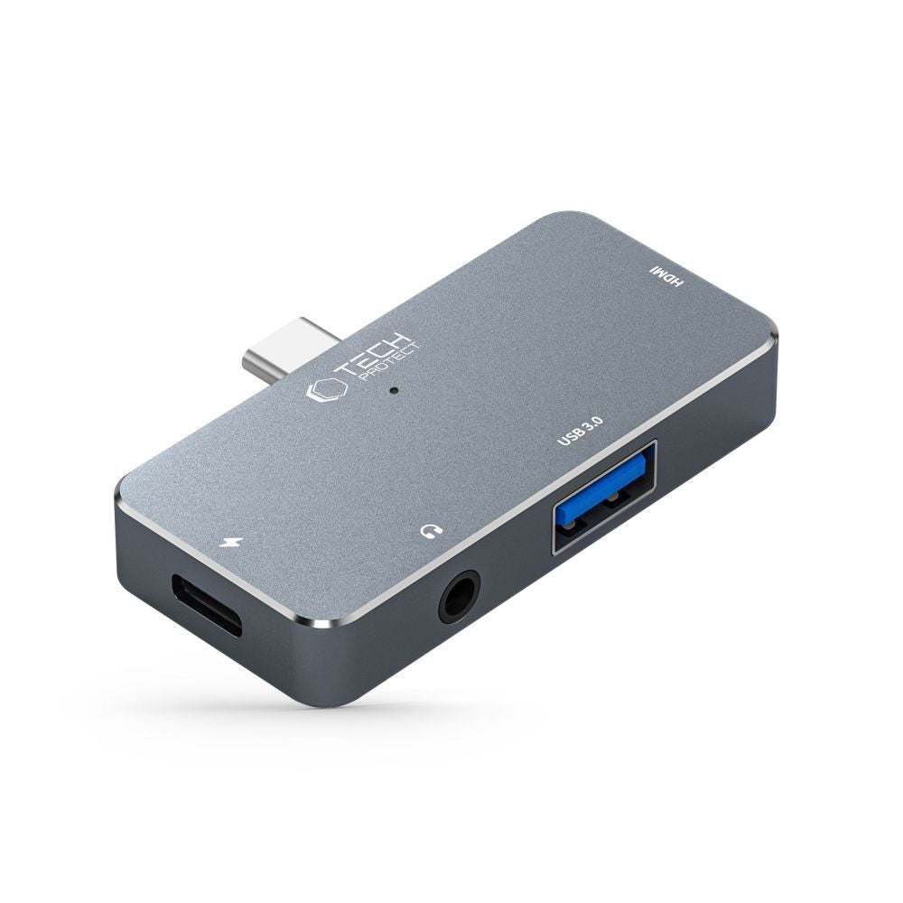 Centrmezgls Tech-Protect V6 4in1 USB-C - USB-A 3.0 / USB-C PD100W / HDMI / mini ligzda 3.5mm - pelēks