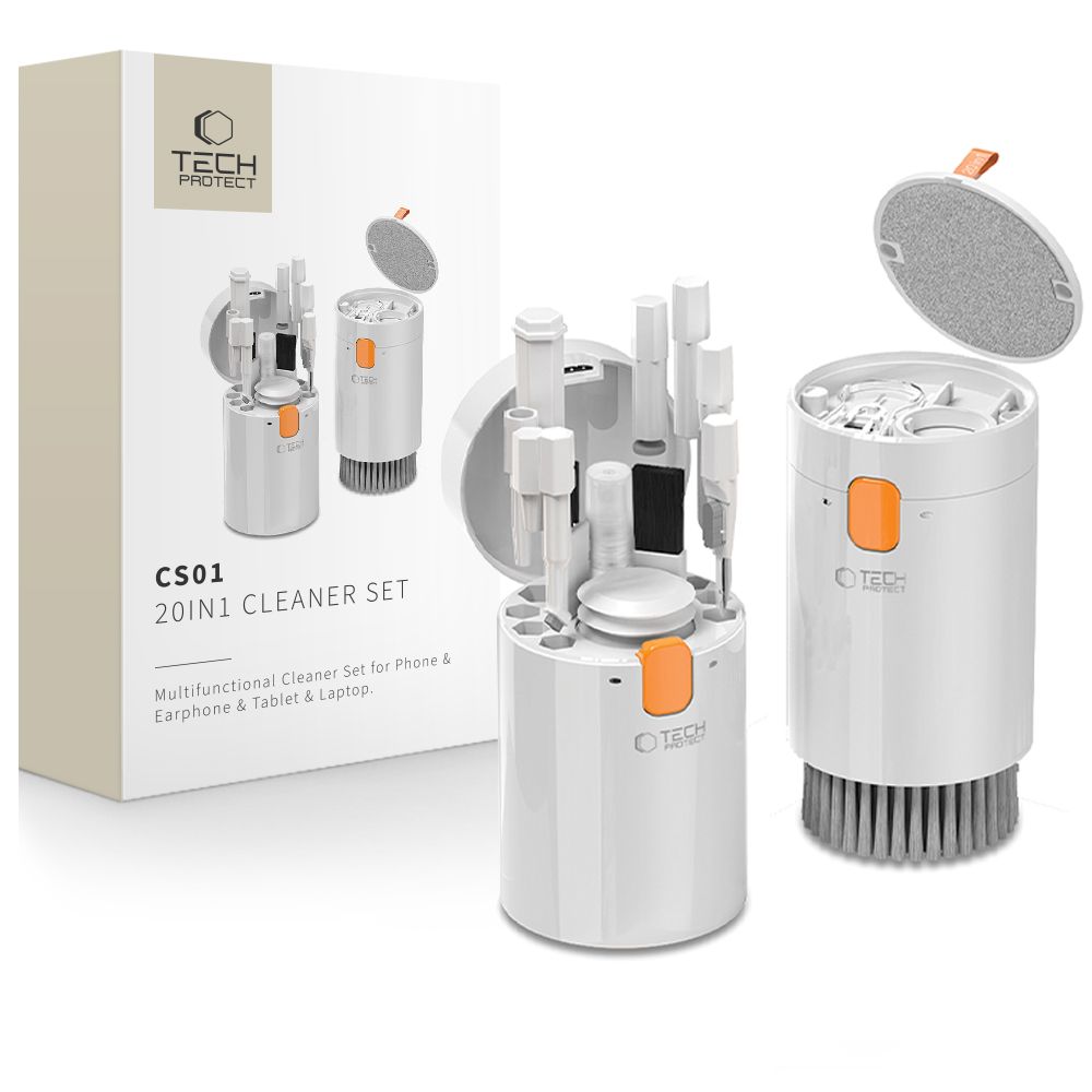 Tech-Protect 20-in-1 daudzfunkcionāls tīrīšanas komplekts tālrunim, planšetdatoram, klēpjdatoram un austiņām - balts